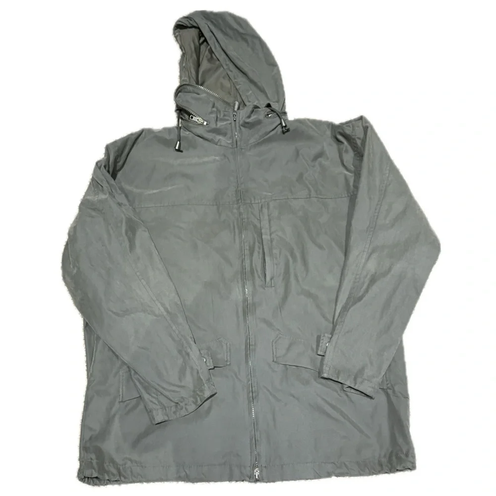🧥🏙️ LONDON FOG Hooded Zip Jacket | Gray Utility Coat Hidden Hood Men’s M‎